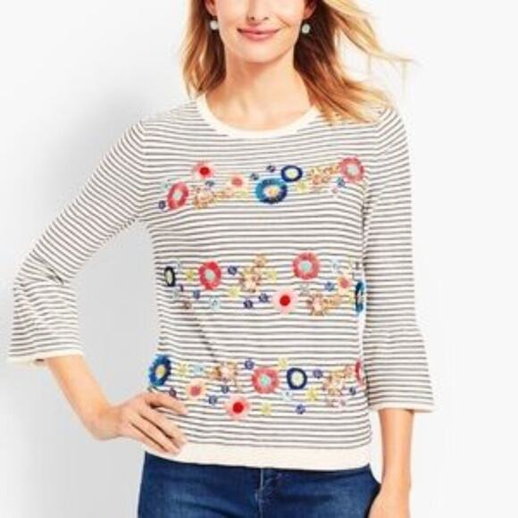 Talbots Striped Beaded Floral Crewneck Sweater Flare Sleeve Size L - Picture 1 of 11
